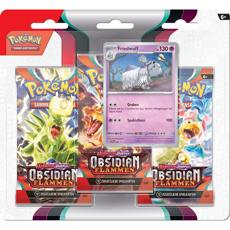 [German edition] Friedwuff Blister with 3 Boosters - Obsidian Flammen - Karmesin & Purpur Pokémon Cards