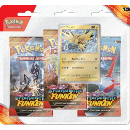 Blister mit 3 Boosters und Zapdos - Stürmische Funken Pokémon Karten [deutsche Ausgabe]