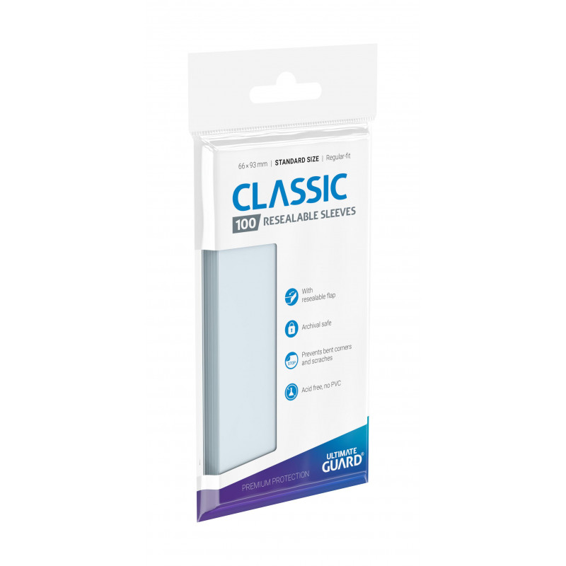 Set of 100 Sleeves with resealable flap, transparent, by Ultimate Guard